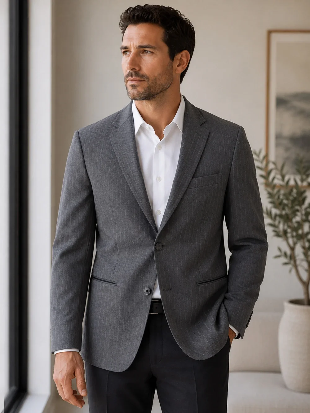 Banana Republic 40R Modern Tailored Fit Gray Pin Strip Blazer Sports Coat Jacket